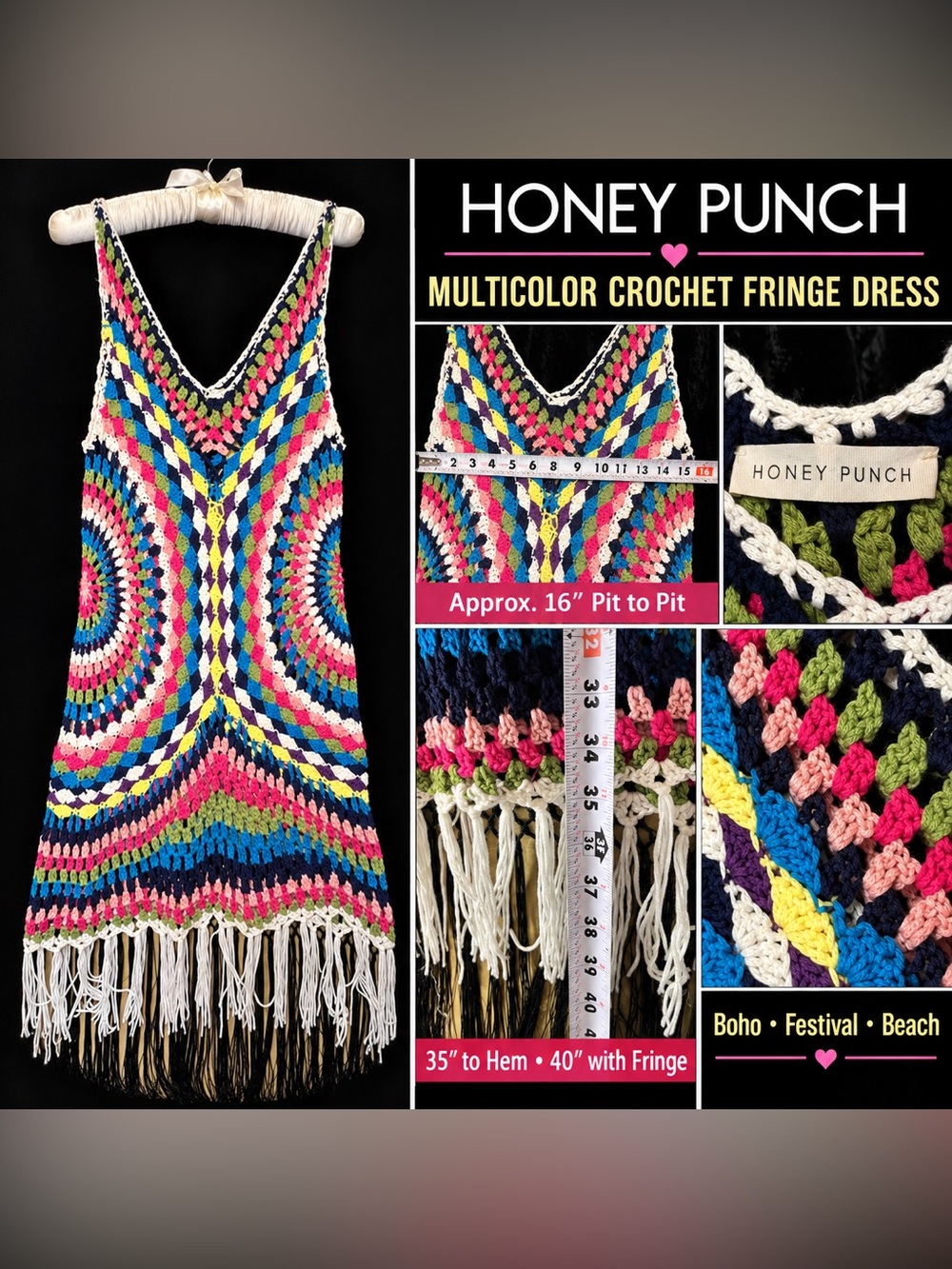 Honey Punch Multicolor Crochet Fringe Dress – Boho Festival Beach